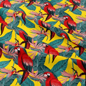 Sarı Zeminli Kırmızı Papağan Desenli Kumaş