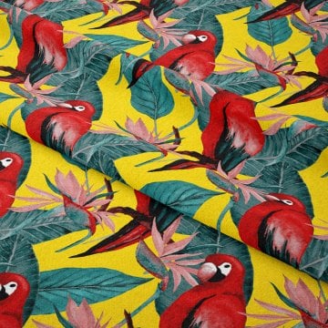Sarı Zeminli Kırmızı Papağan Desenli Kumaş