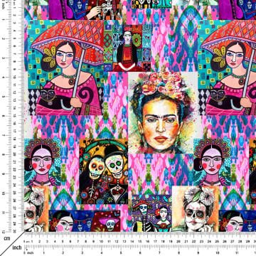 Frida Kahlo Desenli Renkli Portre Baskılı Kumaş
