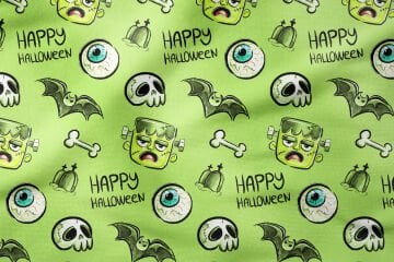 Happy Halloween Yeşil Zeminli Canavar, Yarasa, Kemik, Göz, Mezar Taşı