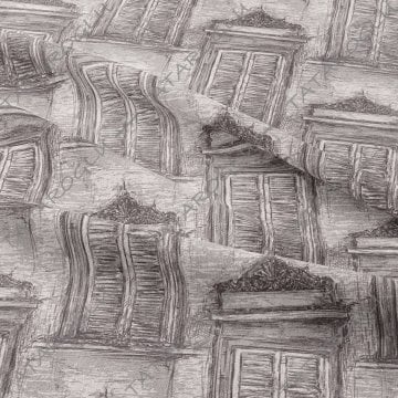Kara Kalem Çizimi Vintage Pencere Desenli Dijital Baskı Kumaş