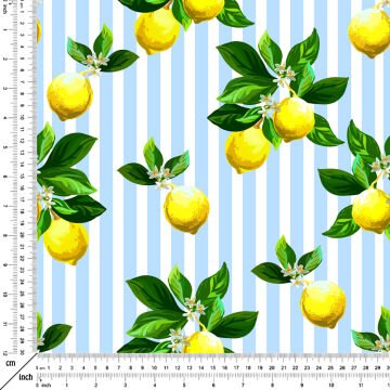 Limon Serisi-Mavi Beyaz Çizgili Zemin Üzerine Limon Desenli Kumaş