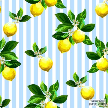 Limon Serisi-Mavi Beyaz Çizgili Zemin Üzerine Limon Desenli Kumaş