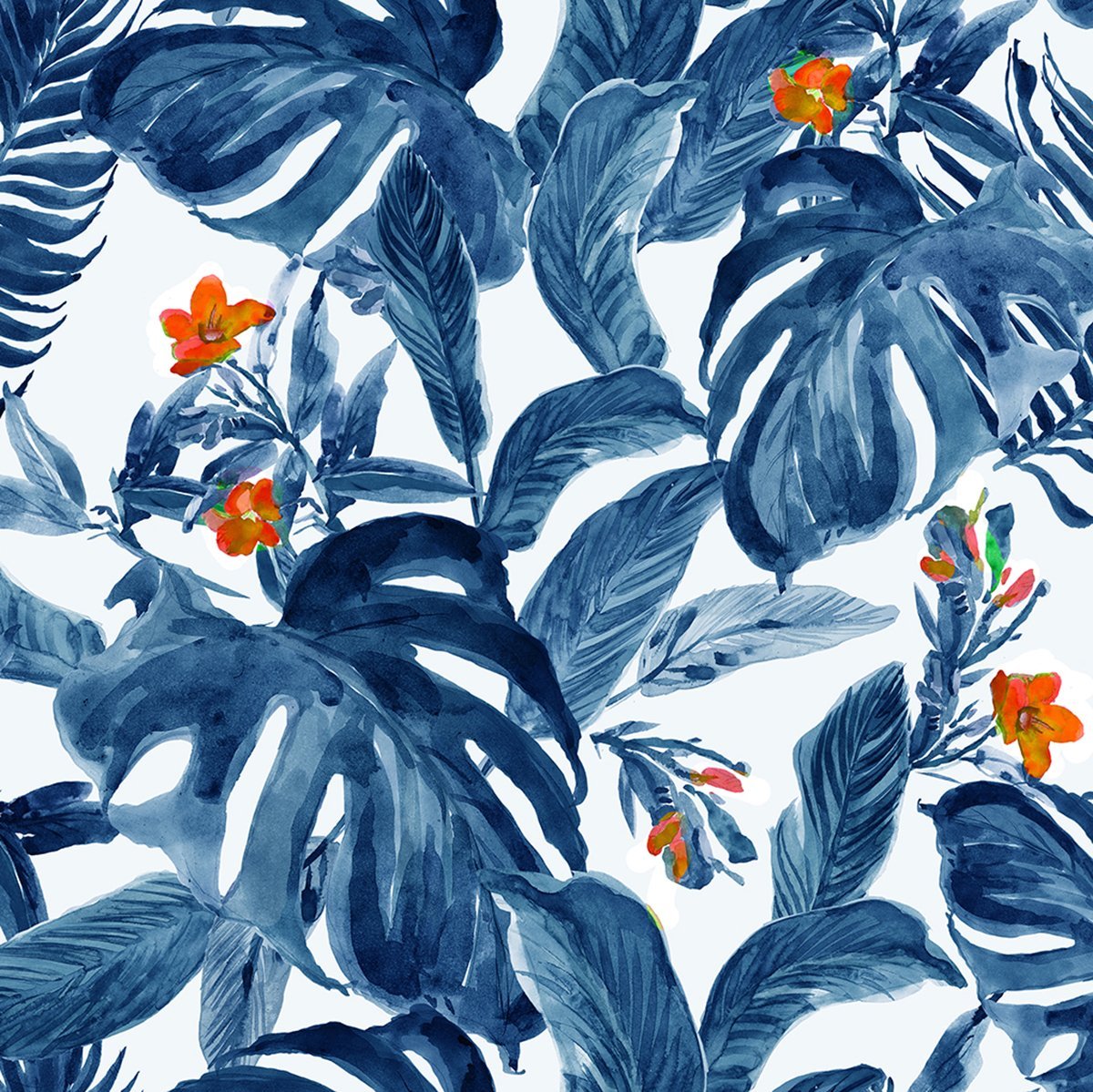 Beyaz Zemin Üzerine Mavi Yapraklı ve Turuncu Çiçekli Dijital Baskılı Kumaş