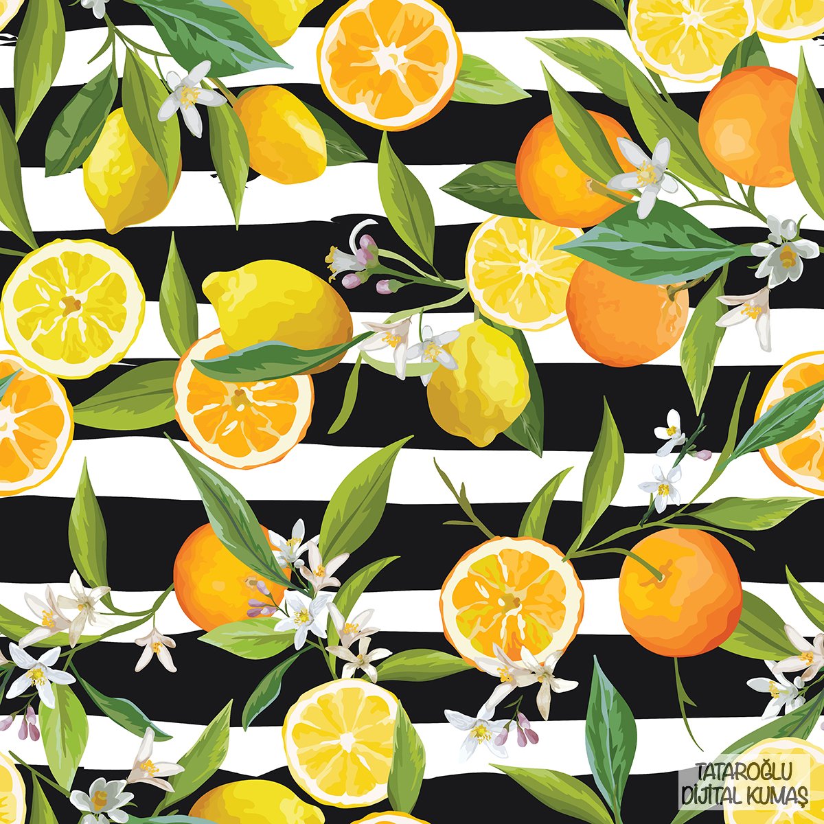 Limon Serisi-Siyah Beyaz Zemin Üzerine Limon Desenli Kumaş