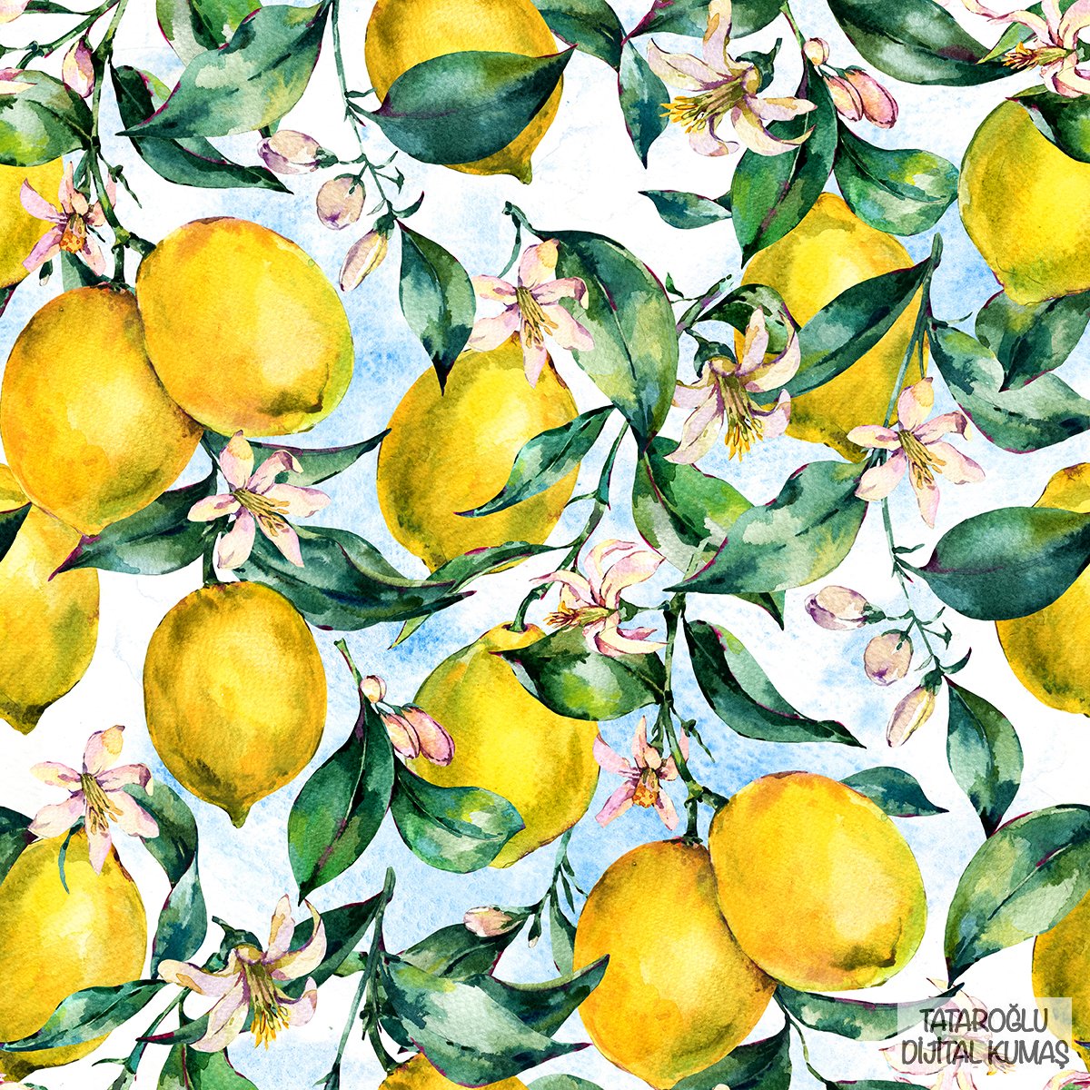 Limon Serisi-Mavi Beyaz Zeminli Suluboya Limon Desenli Kumaş