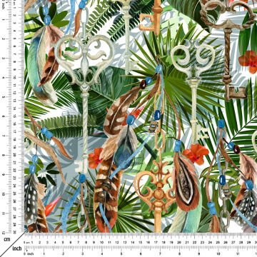 Tropikal Zemin Üzerine Anahtar Desenli Dijital Baskılı Kumaş