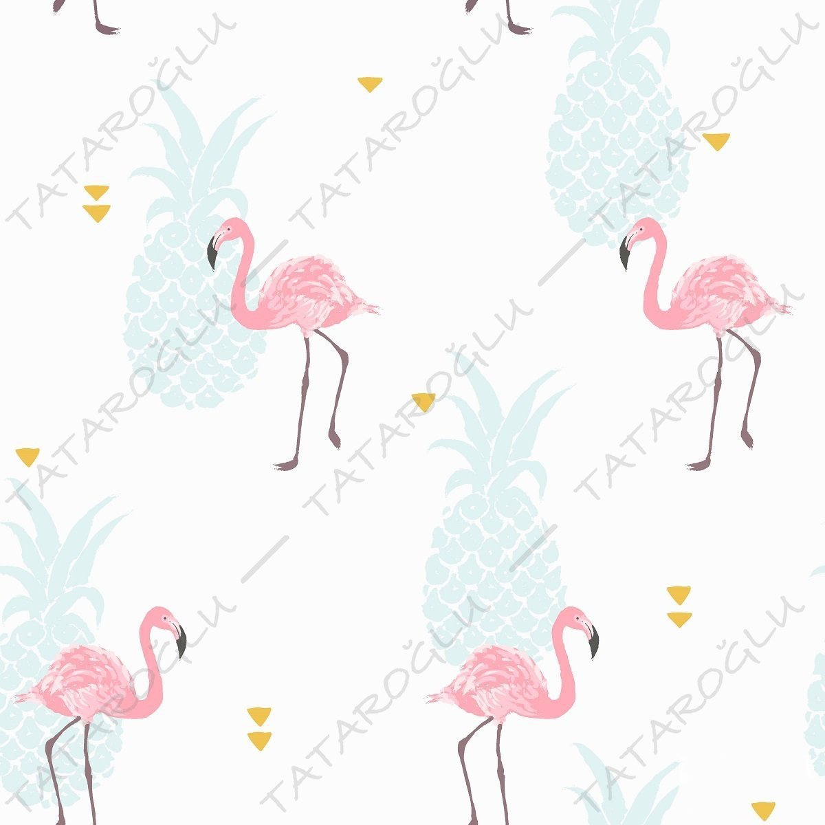 Tropikal Serisi-Beyaz Zemin Üzerine Mavi Ananas Pembe Flamingo Desenli Kumaş