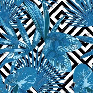 Zigzag Zemin Üzerine Mavi Tropikal Yaprak Desenli Dijital Baskılı Kumaş