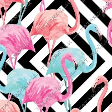 Tropikal Serisi-Siyah Beyaz Çizgili Büyük Pembe Mavi Flamingo Desenli Kumaş