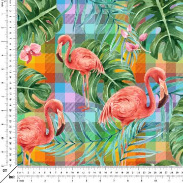 Tropikal Serisi-Renkli Ekose Zemin Üzerine Flamingo Desenli Dijital Baskılı Kumaş