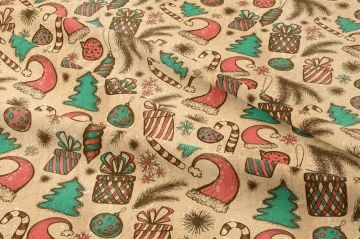 Winter Wonder Collection, Yılbaşı Retro El Çizimi Yılbaşı Çam Ağacı Süsleri, Hediye Paketleri, Kırmızı Beyaz Baston Şeker Desenli Kumaş