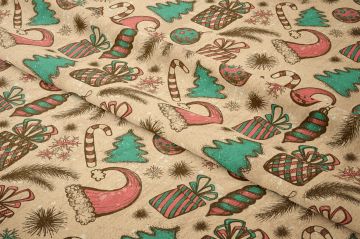 Winter Wonder Collection, Yılbaşı Retro El Çizimi Yılbaşı Çam Ağacı Süsleri, Hediye Paketleri, Kırmızı Beyaz Baston Şeker Desenli Kumaş