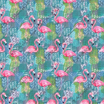 Tropikal Serisi-Kot Efektli Zemin Üzerine Flamingo Desenli Dijital Baskılı Kumaş