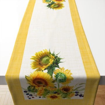 50 cm'lik  Dikilmemiş Runner Kumaş Paneli Keten Efektli Ayçiçeği Sunflower
