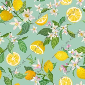 Limon Serisi-Turkuaz Zeminli Limon Desenli Dijital Baskılı Kumaş