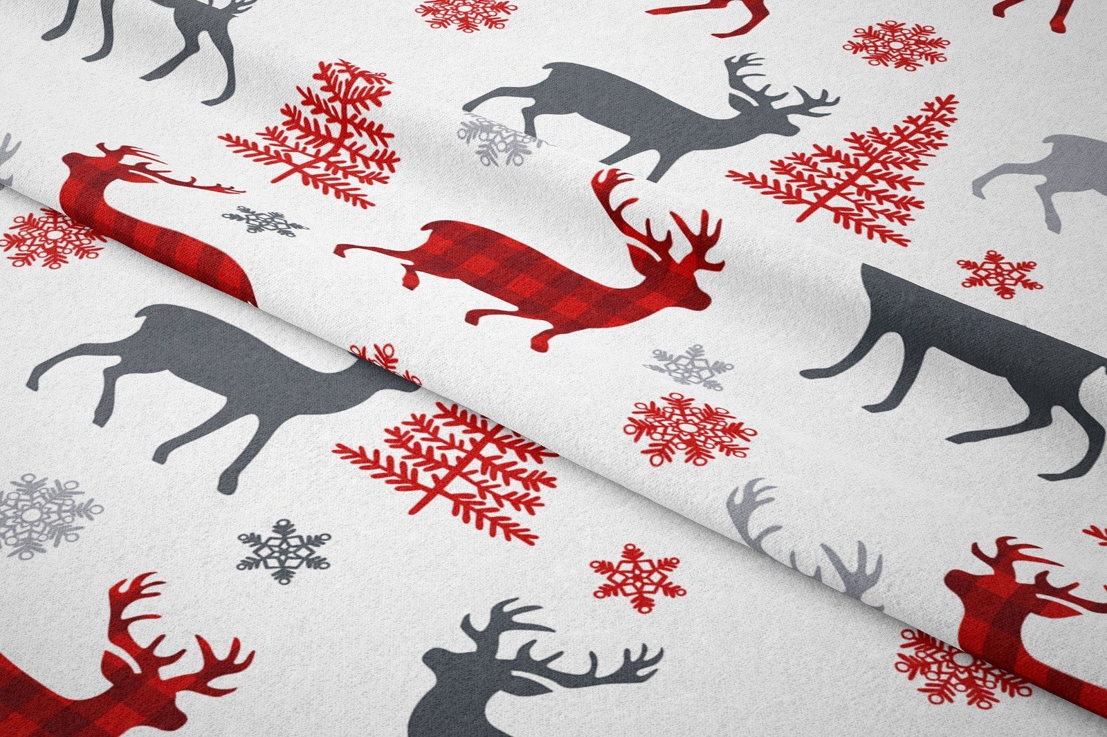 Winter Wonder Collection,Beyaz Zeminli Gri, Kırmızı Ekoseli Geyik Desenli Kumaş
