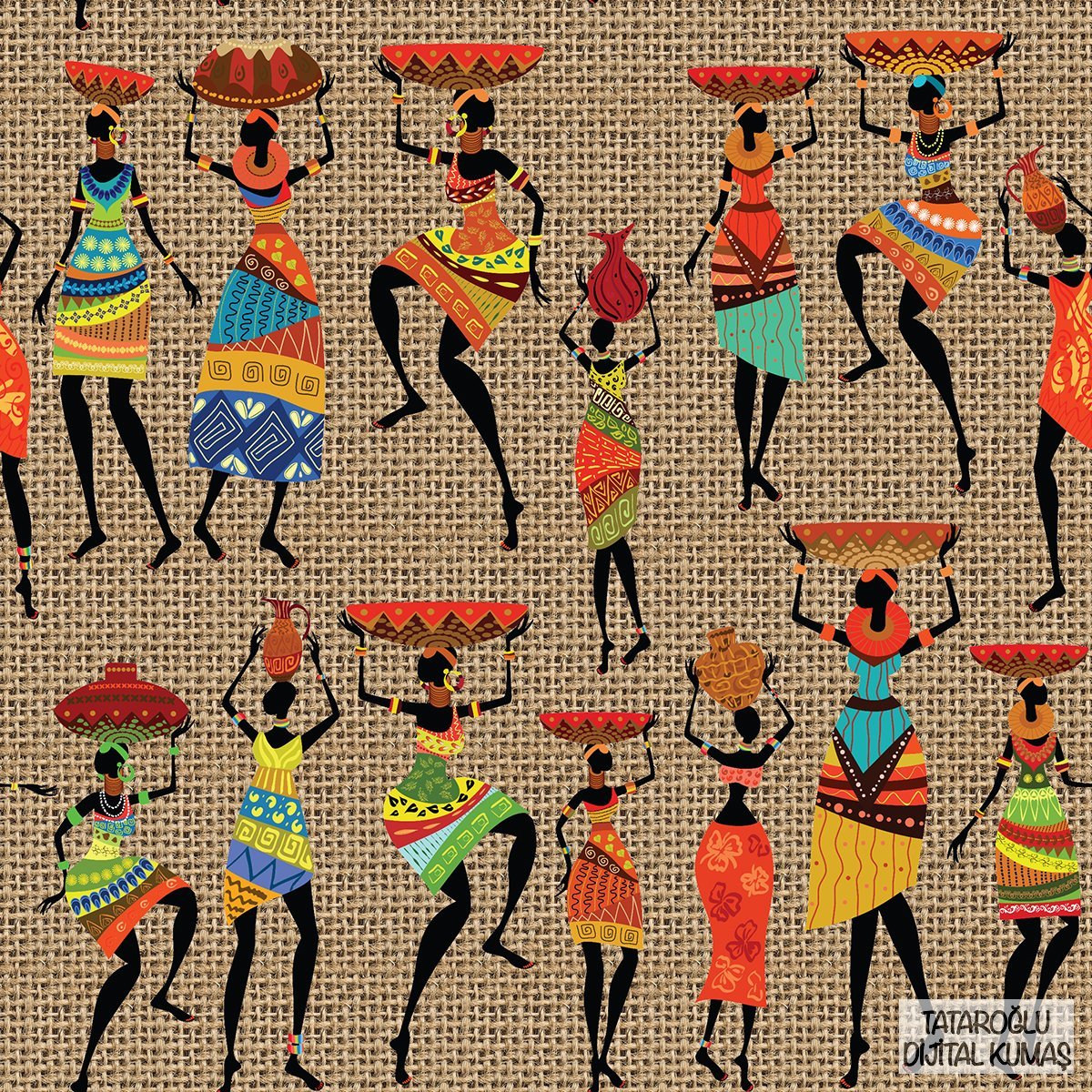 Jüt Görünümlü Zemin Üzerine Afrikalı Kadın Desenli Kumaş
