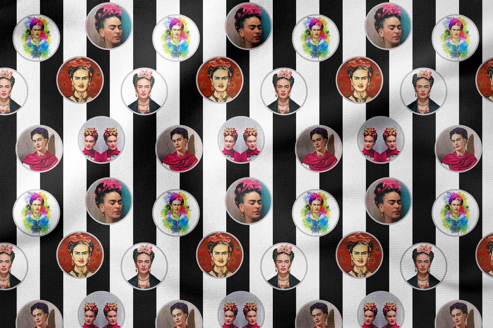 Siyah Beyaz Çizgili Zemin Üzerine Frida Kahlo Desenli Kumaş