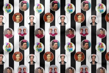 Siyah Beyaz Çizgili Zemin Üzerine Frida Kahlo Desenli Kumaş
