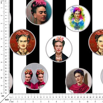 Siyah Beyaz Çizgili Zemin Üzerine Frida Kahlo Desenli Kumaş