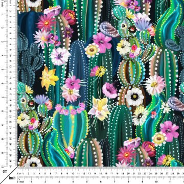 Kaktüs Serisi-Renkli Çiçekli Kaktüs Desenli Dijital Baskılı Kumaş