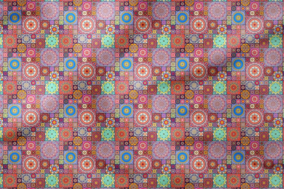 Kareli Geometrik Mandala Desenli Dijital Baskılı Kumaş