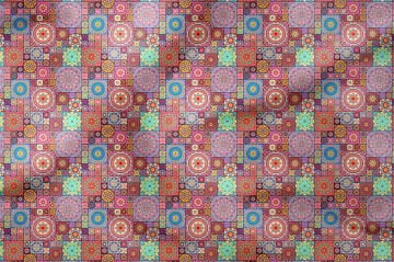 Kareli Geometrik Mandala Desenli Dijital Baskılı Kumaş