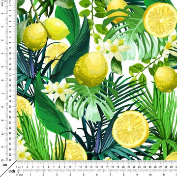 Limon Serisi-Yapraklı Çiçekli Limon Desenli Dijital Baskılı Kumaş
