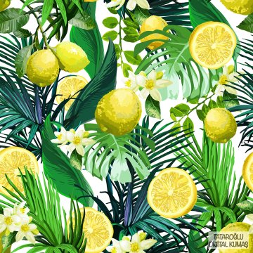 Limon Serisi-Yapraklı Çiçekli Limon Desenli Dijital Baskılı Kumaş