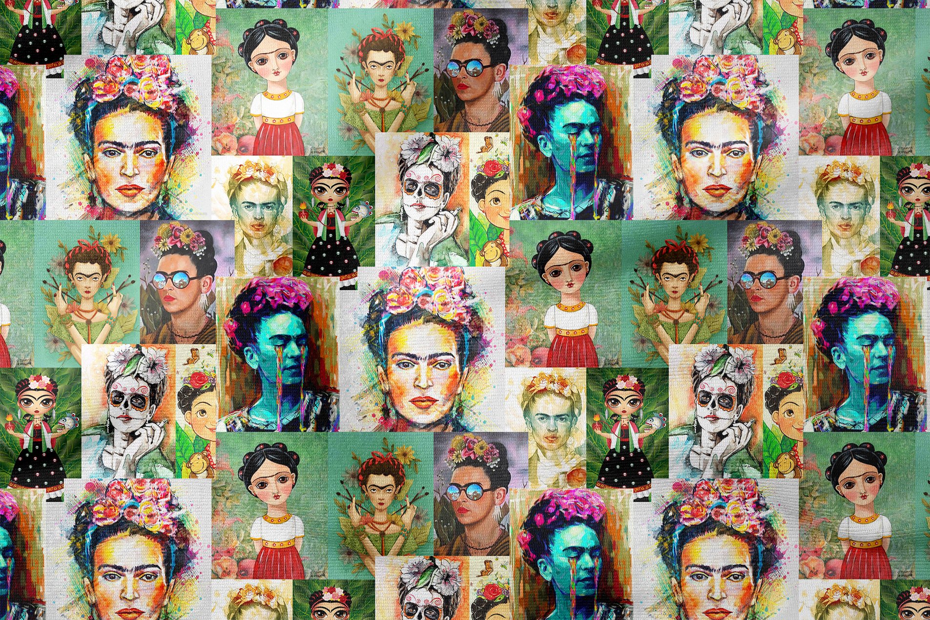 Renkli Frida Kahlo Desenli Dijital Baskılı Kumaş