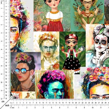 Renkli Frida Kahlo Desenli Dijital Baskılı Kumaş