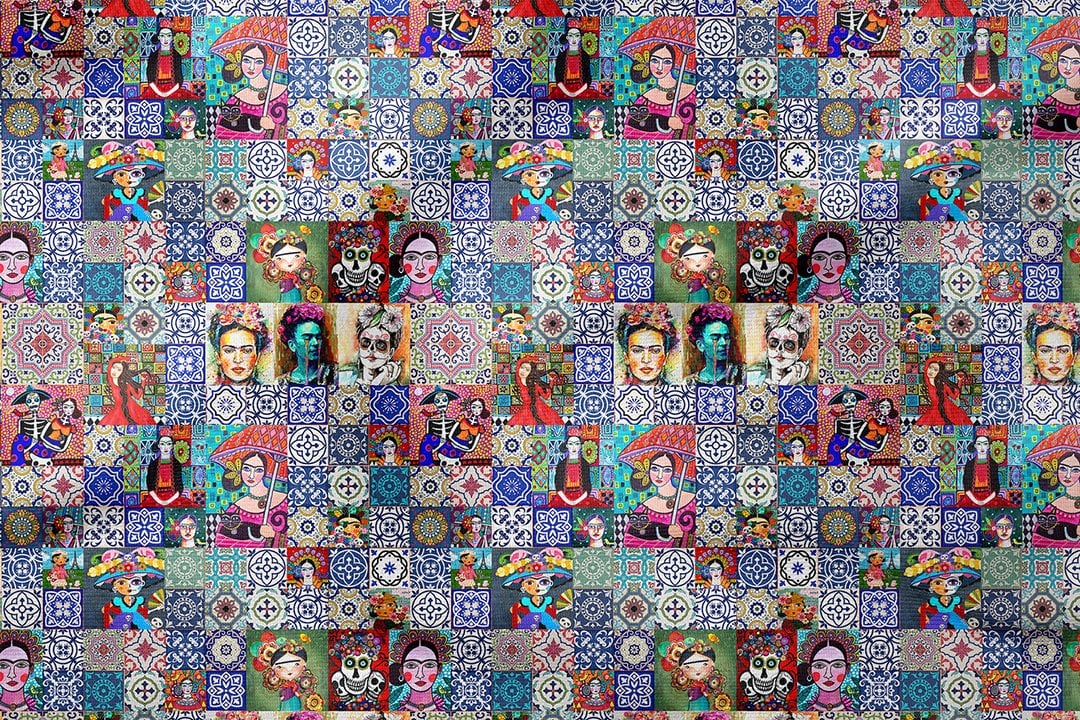 Çini Zeminli Frida Kahlo Desenli Dijital Baskılı Kumaş