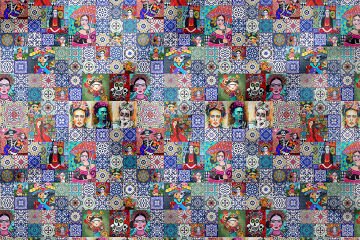 Çini Zeminli Frida Kahlo Desenli Dijital Baskılı Kumaş
