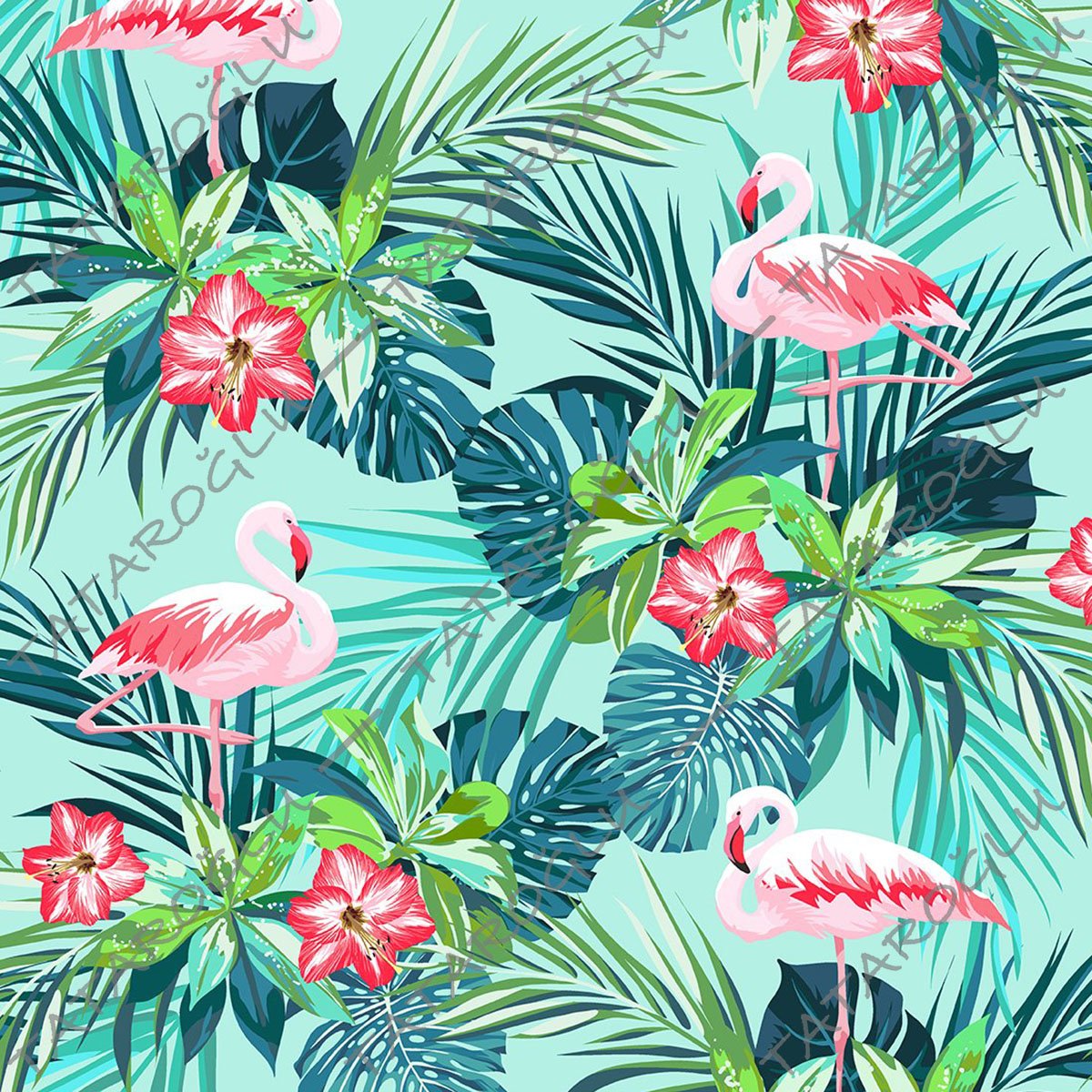 Tropikal Serisi-Turkuaz Zeminli Flamingo Desenli Dijital Baskılı Kumaş