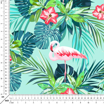 Tropikal Serisi-Turkuaz Zeminli Flamingo Desenli Dijital Baskılı Kumaş