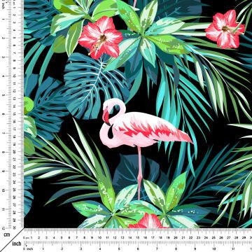 Tropikal Serisi-Siyah Zemin Üzerine Flamingo Desenli Dijital Baskılı Kumaş