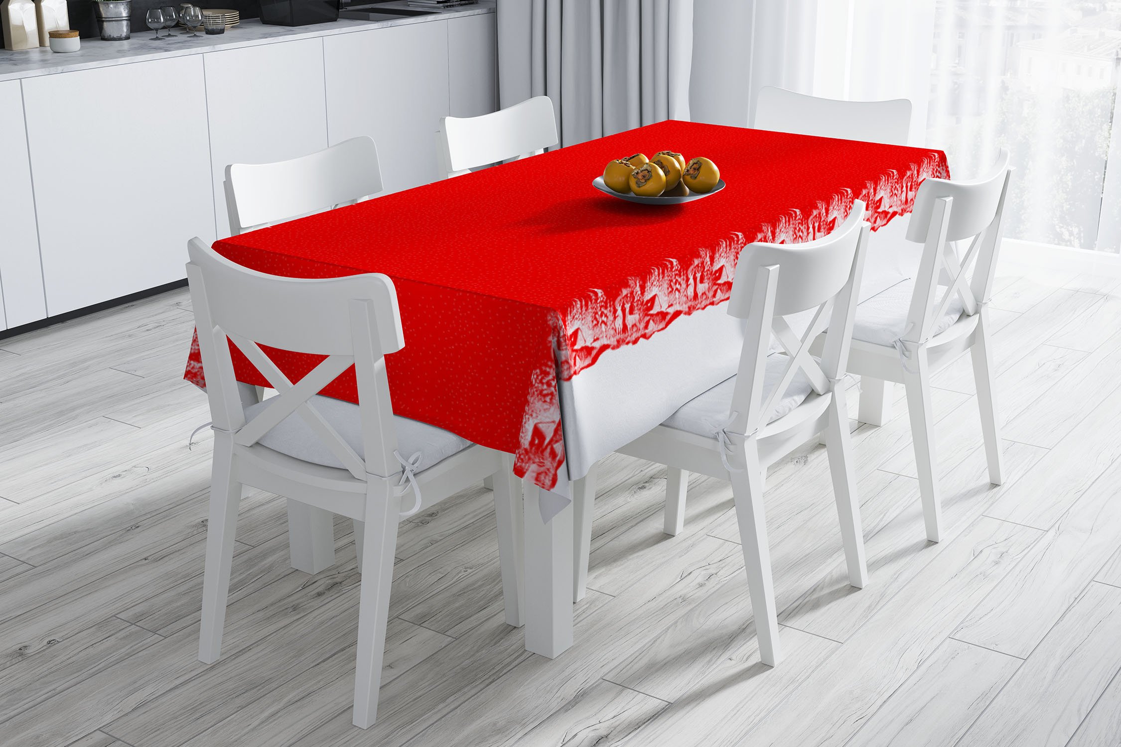 Kırmızı Beyaz Geyikli Evli Masa Örtüsü Dikişsiz