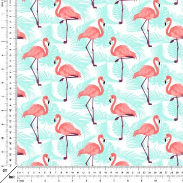 Tropikal Serisi-Turkuaz Yaprak Üzerine Flamingo Desenli Kumaş