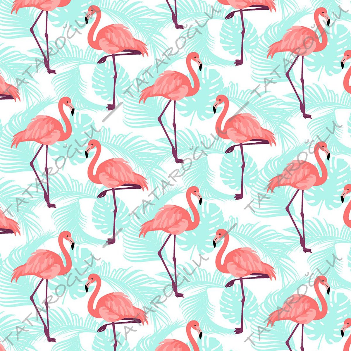 Tropikal Serisi-Turkuaz Yaprak Üzerine Flamingo Desenli Kumaş