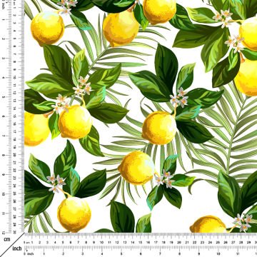 Limon Serisi-Beyaz Zemin Üzerine Limonlu Çiçekli Dijital Baskılı Desen