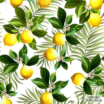 Limon Serisi-Beyaz Zemin Üzerine Limonlu Çiçekli Dijital Baskılı Desen