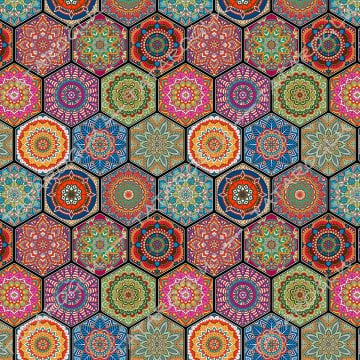 Altıgenler İçinde Renkli Mandala Desenli Kumaş