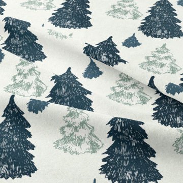 Winter Wonder Collection, Beyaz Zeminli Lacivert Gri Çam Ağacı Desenli Kumaş