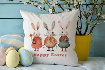 Happy Easter / Paskalya Koleksiyonu - Vintage Sevgili Paskalya Tavşanları 2'li Kırlent Paneli Dikilmemiş Kumaş