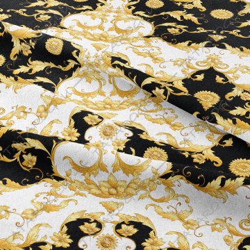 Siyah Altın Sarı Barok Desenli Dijital Baskılı Kumaş