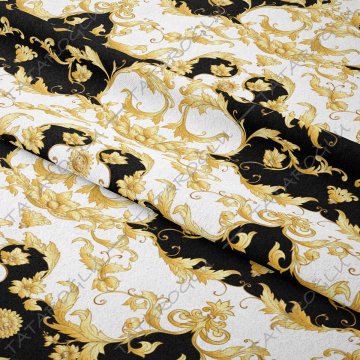 Siyah Altın Sarı Barok Desenli Dijital Baskılı Kumaş