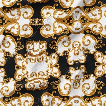 Siyah Zeminli Altın Sarılı Barok Desenli Dijital Baskılı Kumaş