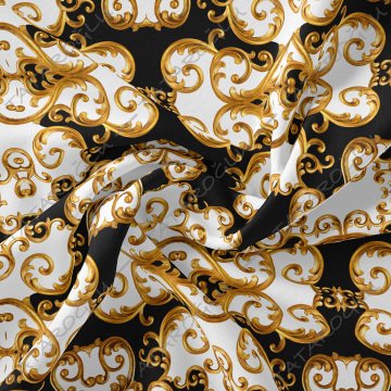Siyah Zeminli Altın Sarılı Barok Desenli Dijital Baskılı Kumaş