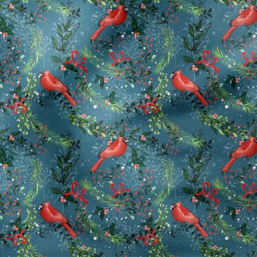 Winter Wonder Collection, Mavi Zeminli Kırmızı Kuşlu, Tomurcuklu, Yapraklı Kumaş